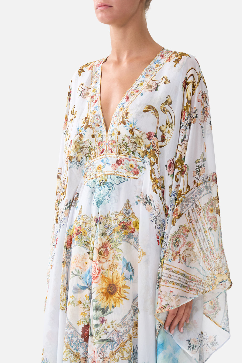 The CAMILLA LONG KAFTAN WITH WAIST DETAIL SEVILLE SWEETHEART in our  print.