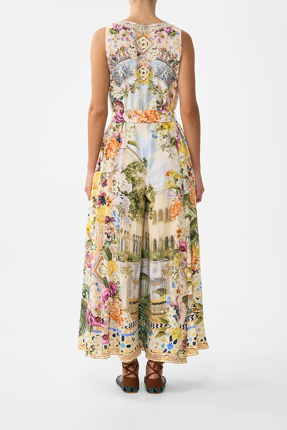 The CAMILLA flared jumpsuit in our print The Architects of Alcázar. Back model view.