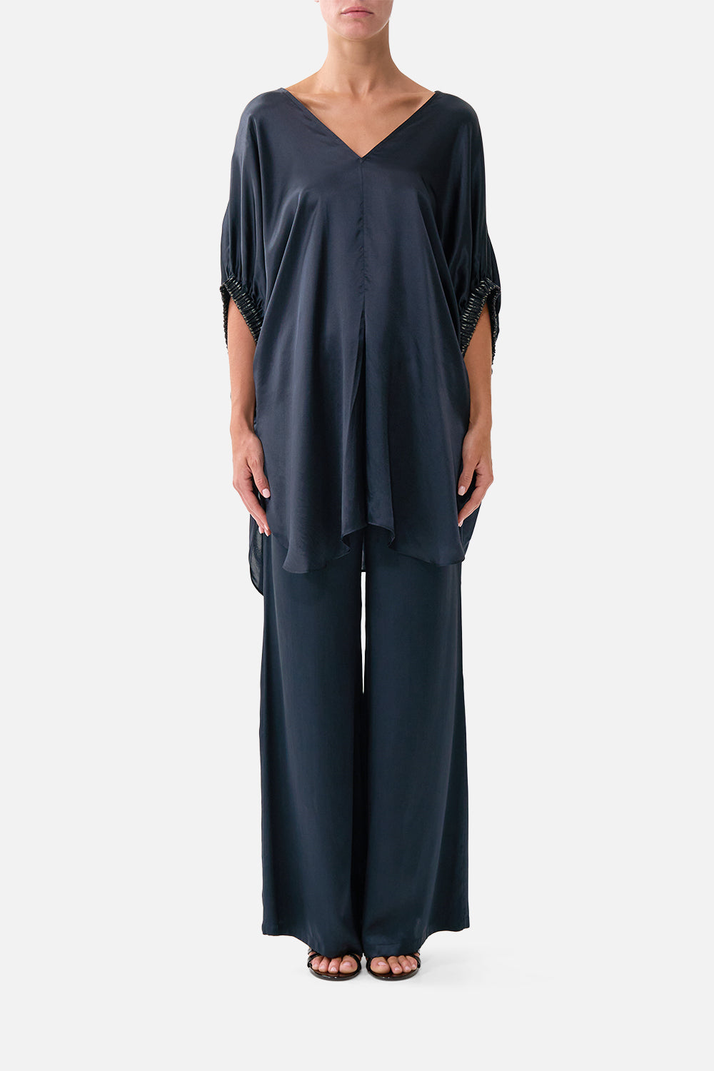 GATHERED CUFF V NECK TOP DAUGHTERS OF DUENDE