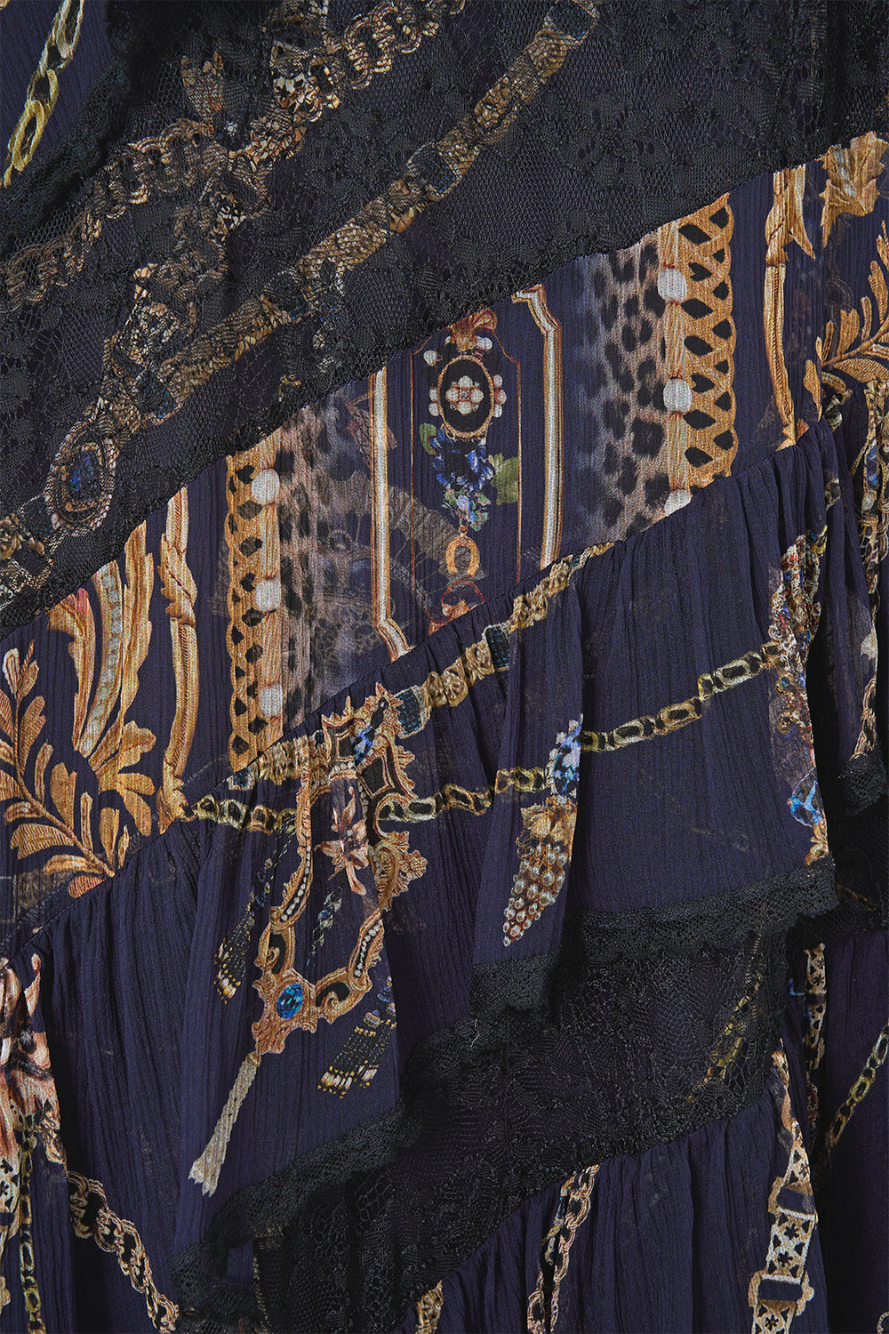 ASYMMETRIC SPLICED LACE DRESS CLOAKED IN BAROQUE
