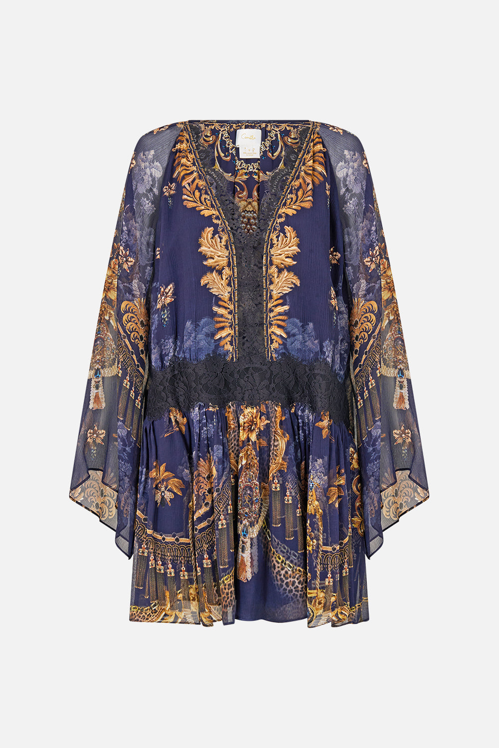 VESTIDO CORTO HOLGADO CON CINTURA CAÍDA CUBIERTO CON MOTIVOS BARROCOS