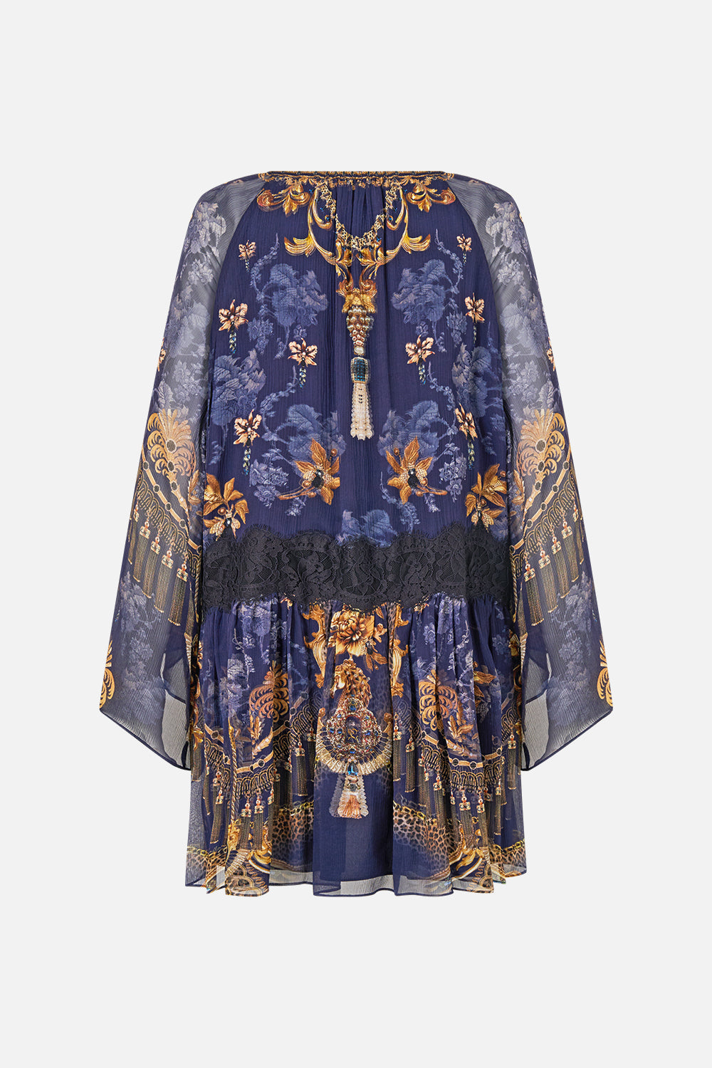 VESTIDO CORTO HOLGADO CON CINTURA CAÍDA CUBIERTO CON MOTIVOS BARROCOS