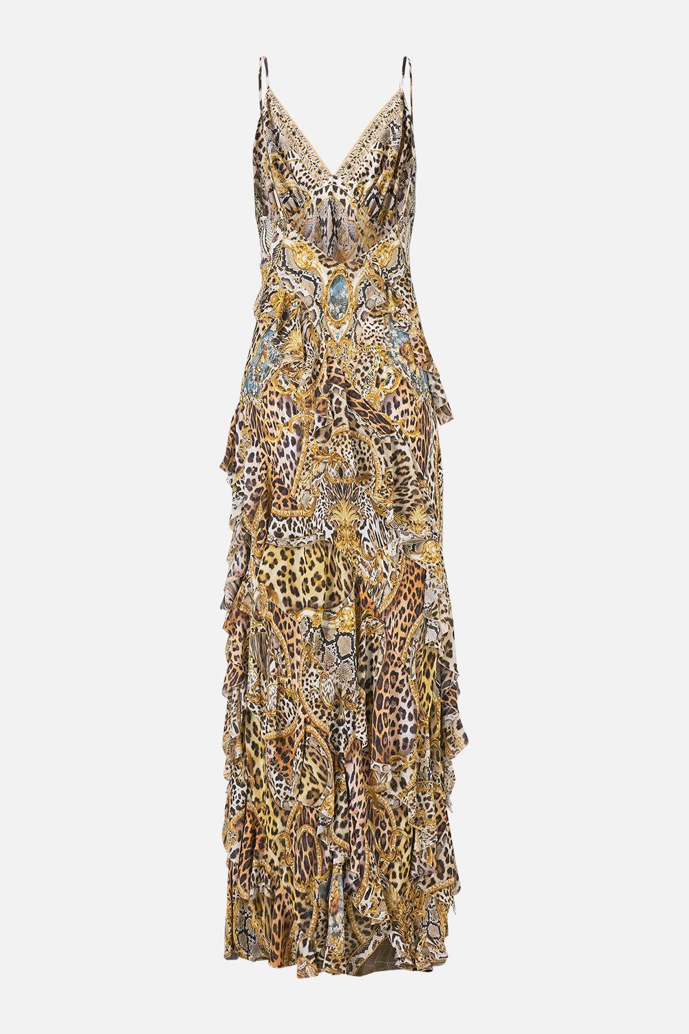The CAMILLA Asymmetrical Ruffle Slip Dress Leopard Libertine in our Leopard Libertine print.