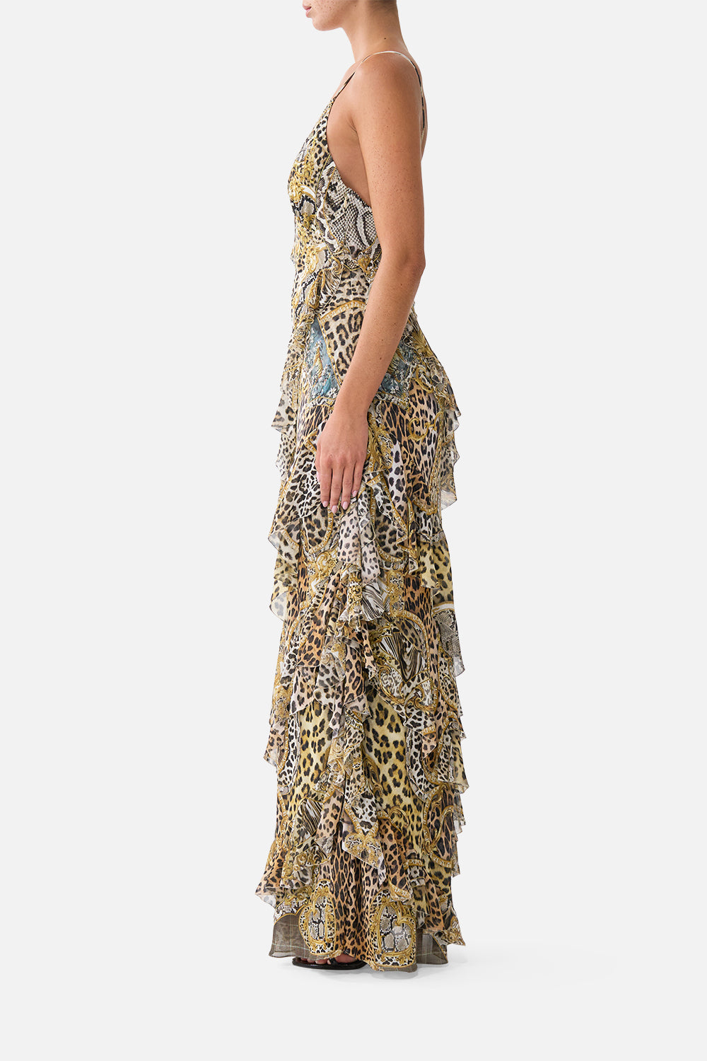 The CAMILLA Asymmetrical Ruffle Slip Dress Leopard Libertine in our Leopard Libertine print.