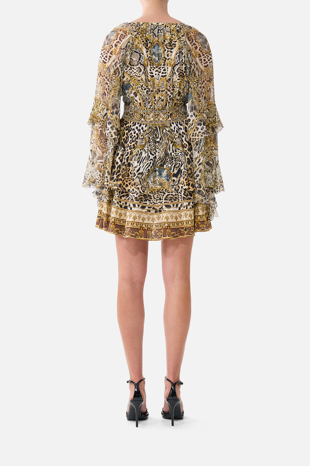 The CAMILLA Short Waistband Dress with Ruffle Sleeve Leopard Libertine in our Leopard Libertine print.