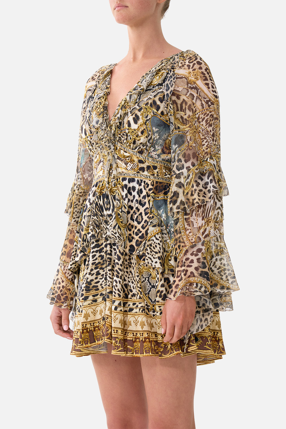 The CAMILLA SHORT WAISTBAND DRESS WITH RUFFLE SLEEVE LEOPARD LIBERTINE