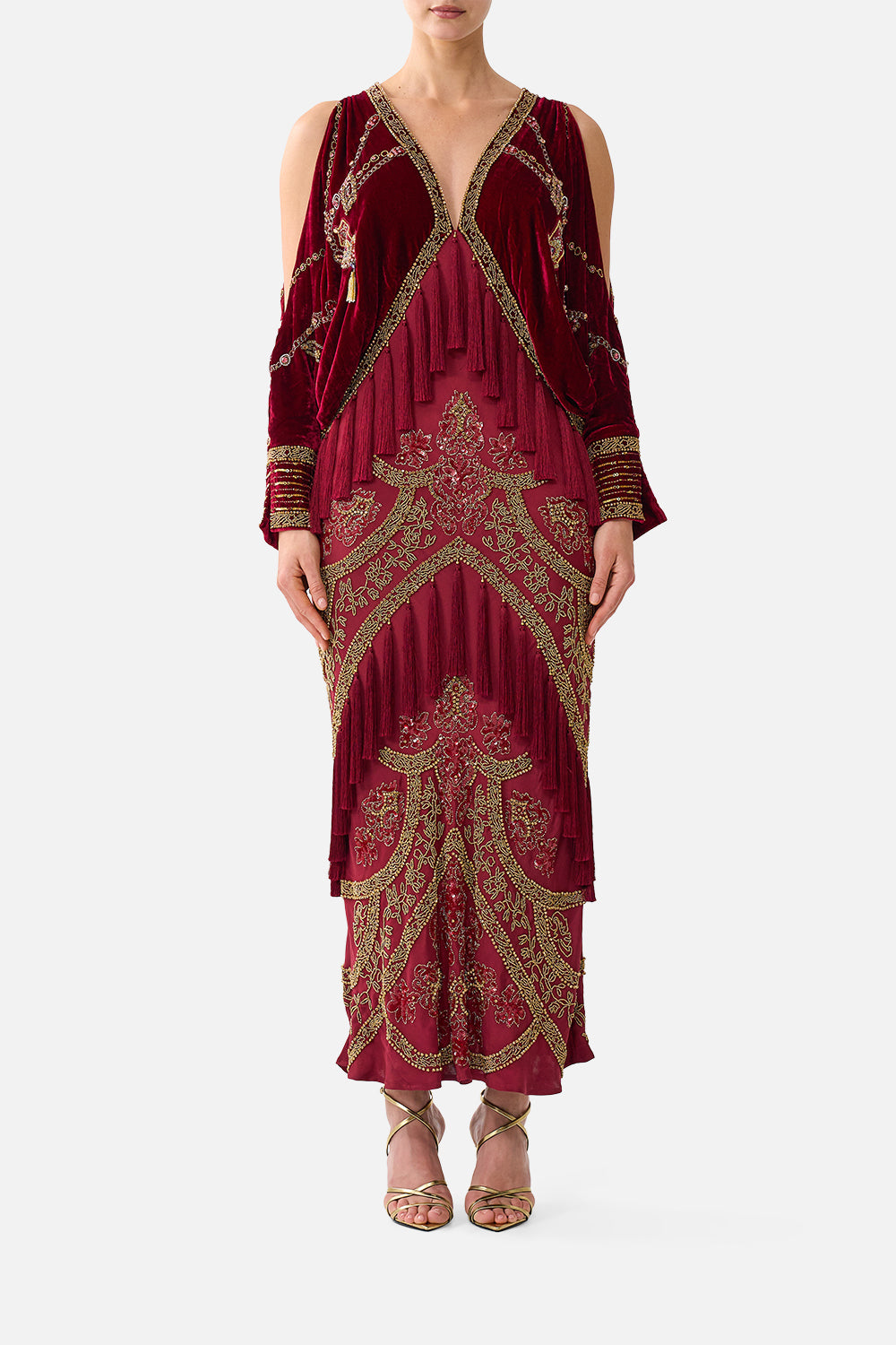 VELVET PLUNGE NECK DRAPED SHOULDER DRESS CALL ME A CARRIAGE