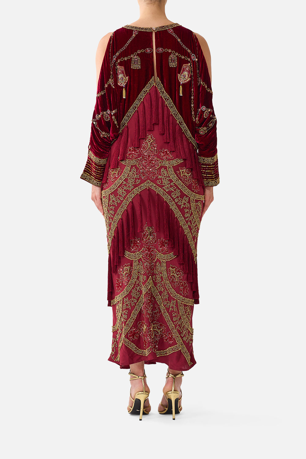 VELVET PLUNGE NECK DRAPED SHOULDER DRESS CALL ME A CARRIAGE
