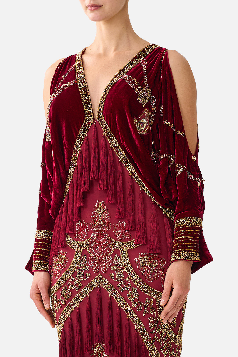 VELVET PLUNGE NECK DRAPED SHOULDER DRESS CALL ME A CARRIAGE