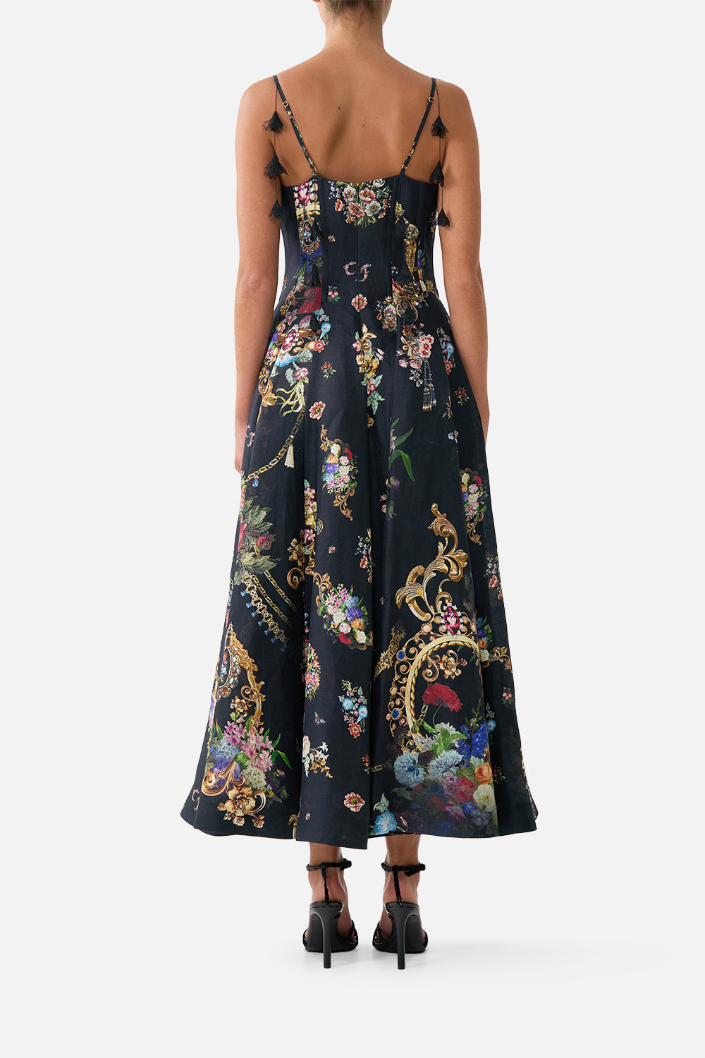 CAMILLA | Corset Dress with Long Flared Skirt Night Garden, M Black | Night GARDEN