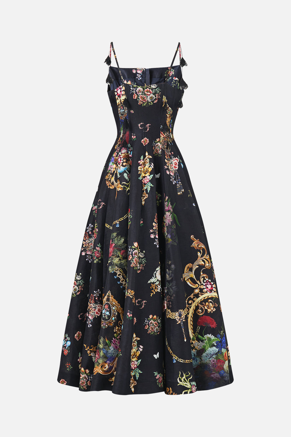 The CAMILLA CORSET DRESS WITH LONG FLARED SKIRT NIGHT GARDEN