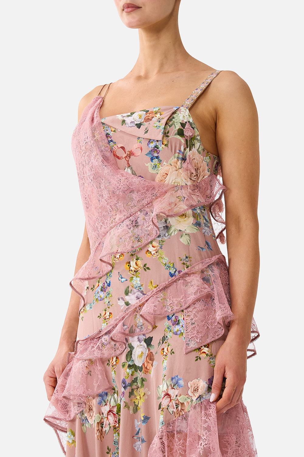 The CAMILLA ASYMMETRIC MULTI FRILL DRESS CHAMBER OF BLOOMS
