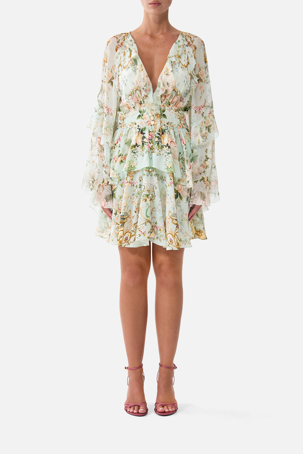 The CAMILLA SHORT WAISTBAND DRESS WITH RUFFLE SLEEVE WILDFLOWER WUNDERLANDWILDFLOWER WUNDERLAND