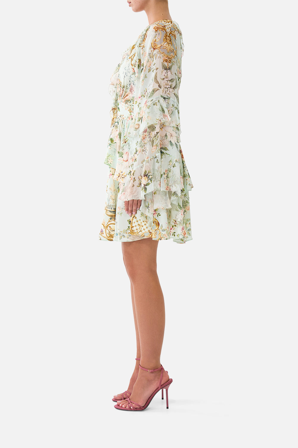 The CAMILLA SHORT WAISTBAND DRESS WITH RUFFLE SLEEVE WILDFLOWER WUNDERLAND