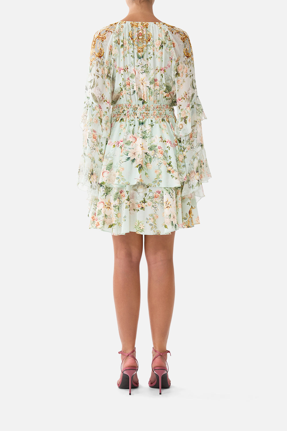 The CAMILLA SHORT WAISTBAND DRESS WITH RUFFLE SLEEVE WILDFLOWER WUNDERLAND