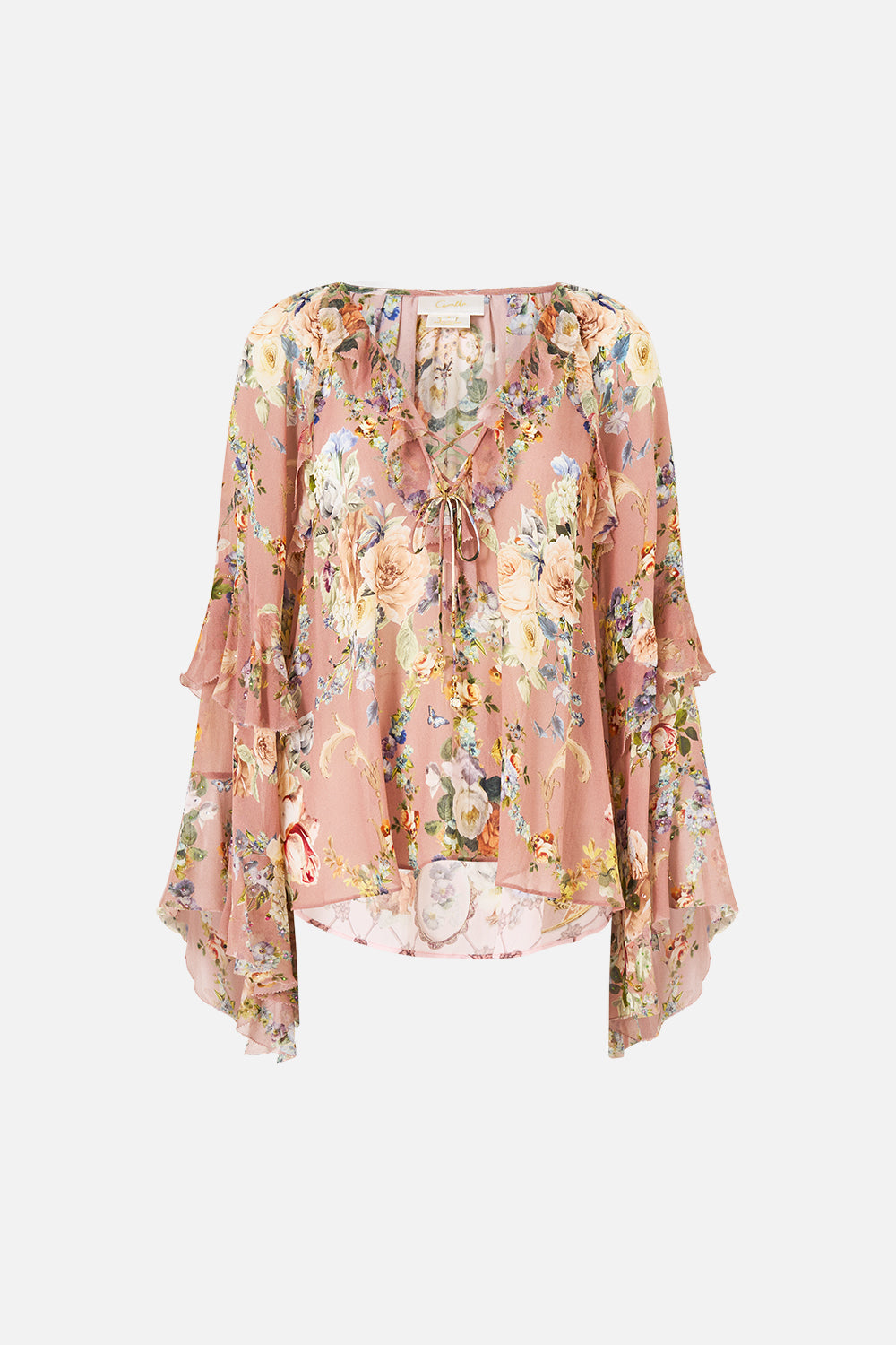 BLUSA CON CORDONES Y ESCOTE EN V CON CASCADA DE VOLANTES "CÁMARA DE FLORES"