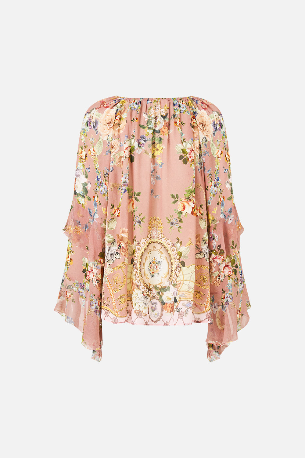 BLUSA CON CORDONES Y ESCOTE EN V CON CASCADA DE VOLANTES "CÁMARA DE FLORES"