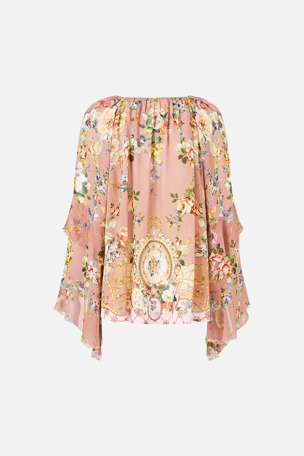 The CAMILLA LACE UP V NECK BLOUSE WITH CASCADE RUFFLES CHAMBER OF BLOOMS