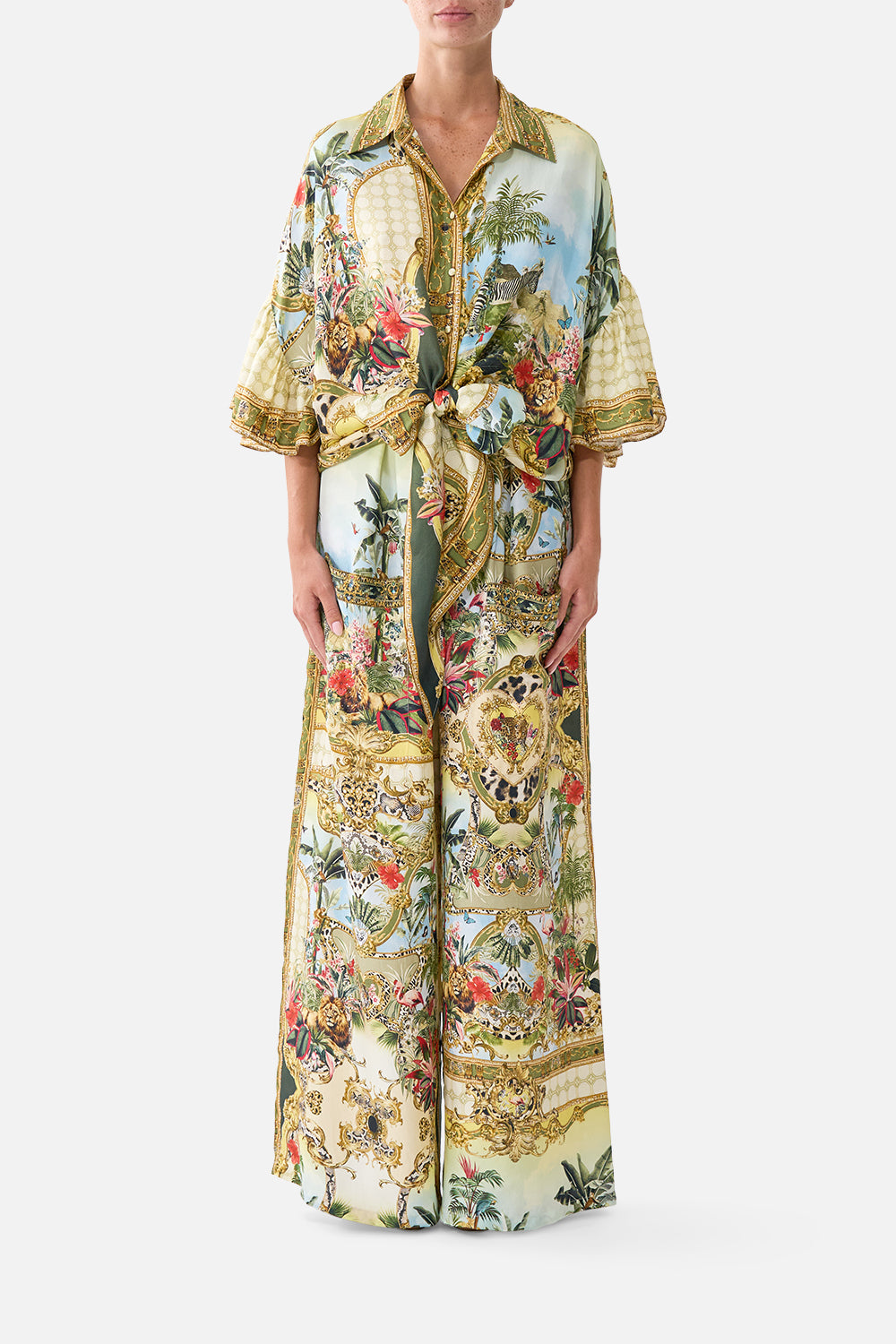 The CAMILLA Tie Front Shirt with Sleeve Frill in our Wanderlust Empire print, front view on model.