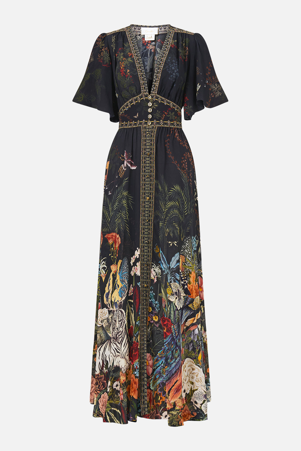 The CAMILLA Shaped Waistband Dress with Flutter Sleeves in our Palace Zoology print, front view.