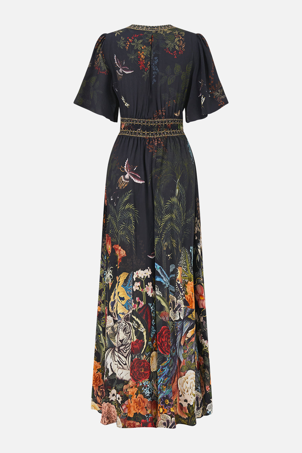 The CAMILLA Shaped Waistband Dress with Flutter Sleeves in our Palace Zoology print, back view.