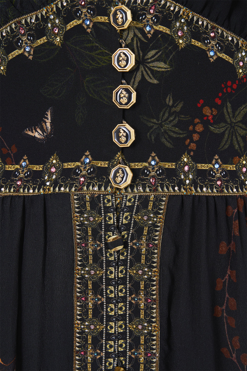 The CAMILLA Shaped Waistband Dress with Flutter Sleeves in our Palace Zoology print, fabric detail.