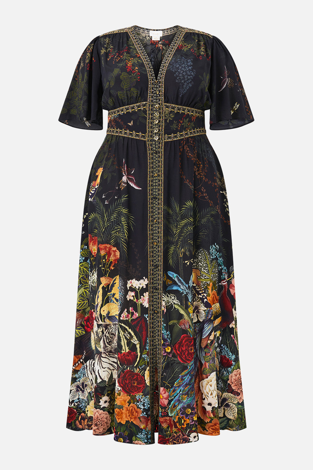 The CAMILLA Shaped Waistband Dress with Flutter Sleeves in our Palace Zoology print, front view.