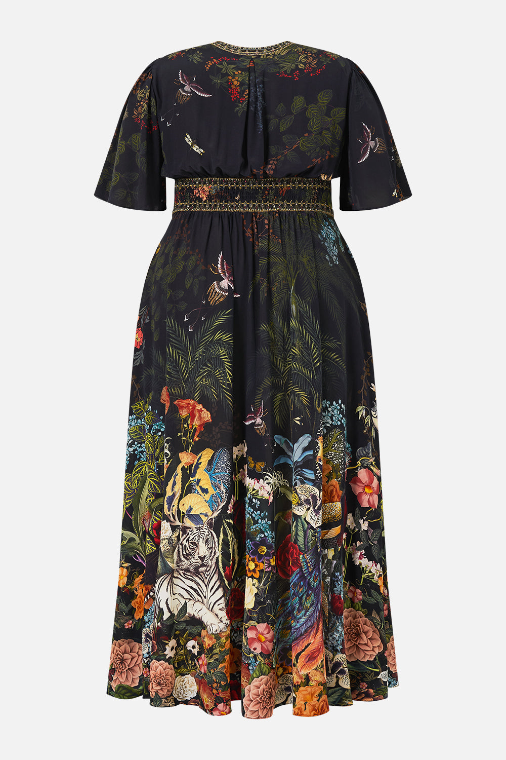 The CAMILLA Shaped Waistband Dress with Flutter Sleeves in our Palace Zoology print, back view.