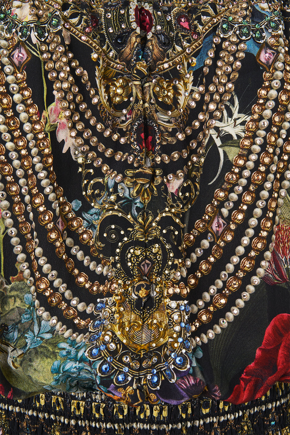 The CAMILLA Shirred Waist Long Dress in our Palace Zoology print, fabric detail.