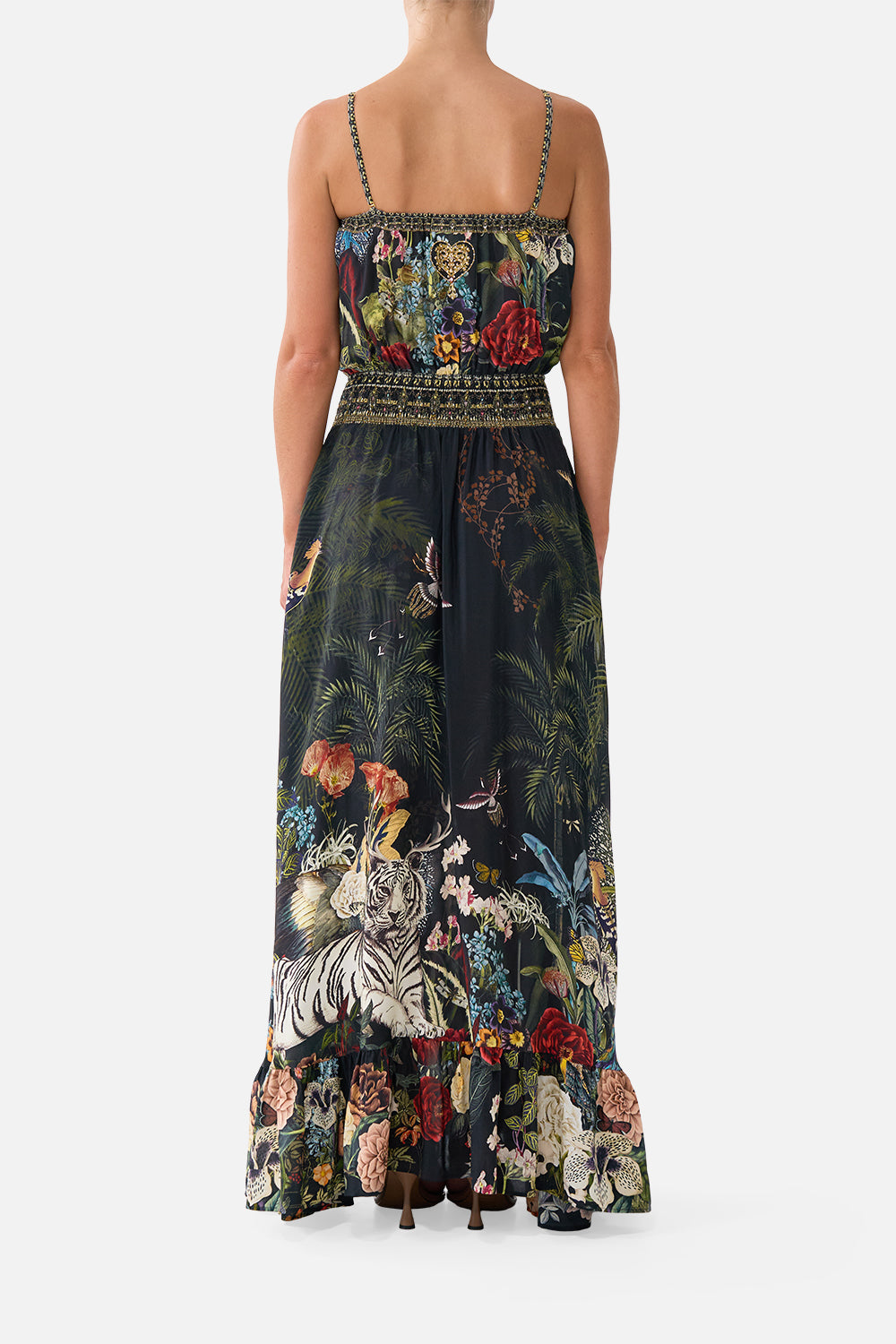 The CAMILLA Shirred Waist Long Dress in our Palace Zoology print, back view on model.
