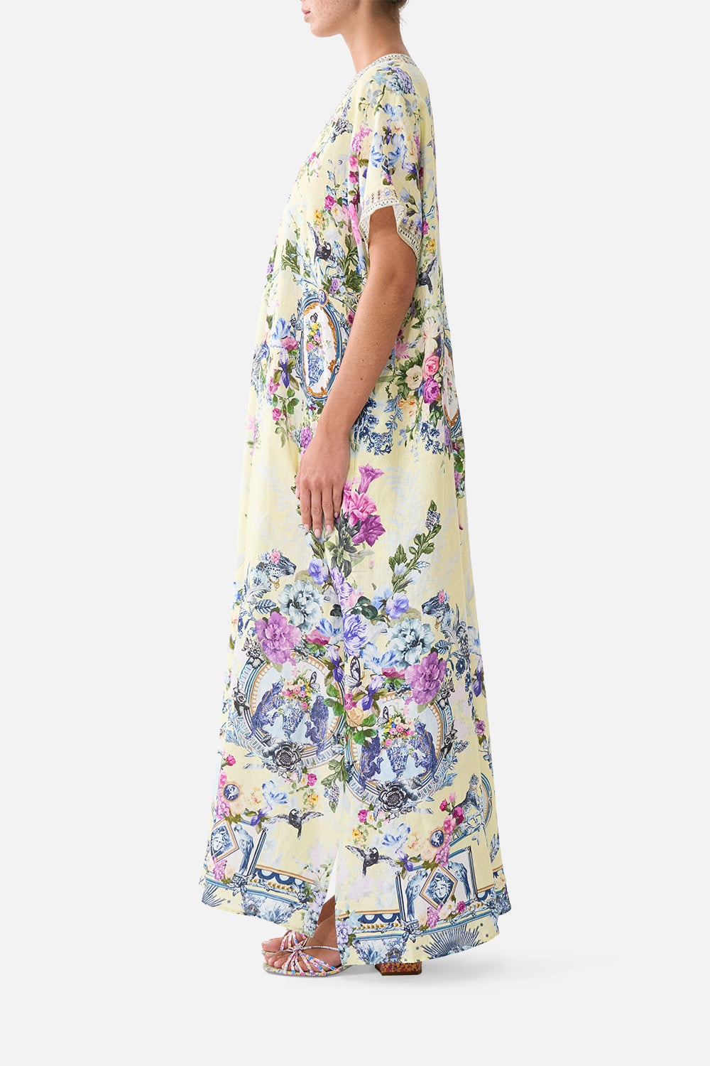The CAMILLA Front Pleat Kaftan in our Chinoiserie Child print, side view on model.