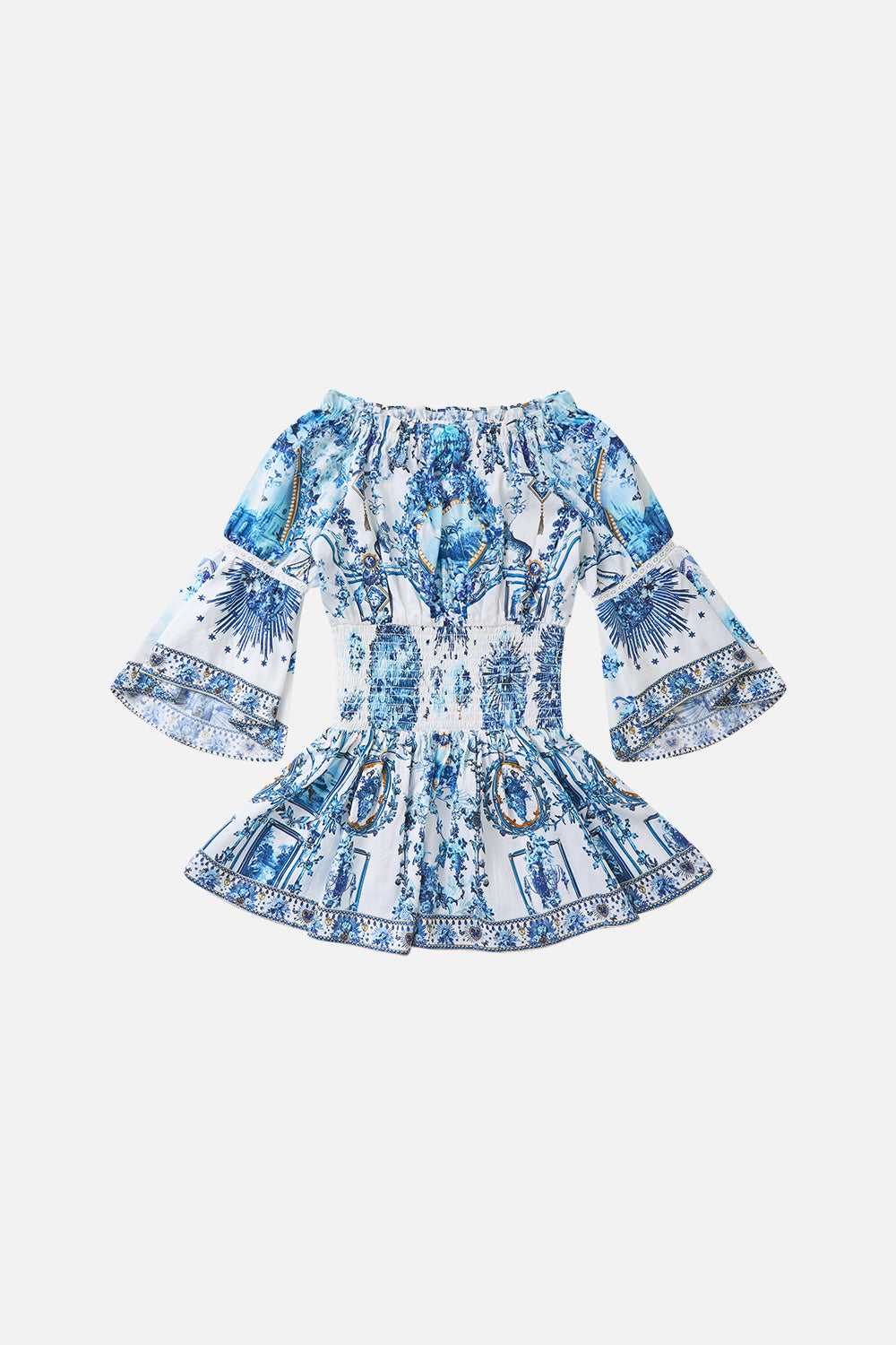 The CAMILLA KIDS OFF SHOULDER SHIRRED WAIST MINI DRESS THE PORCELAIN PARLOURTHE PORCELAIN PARLOUR