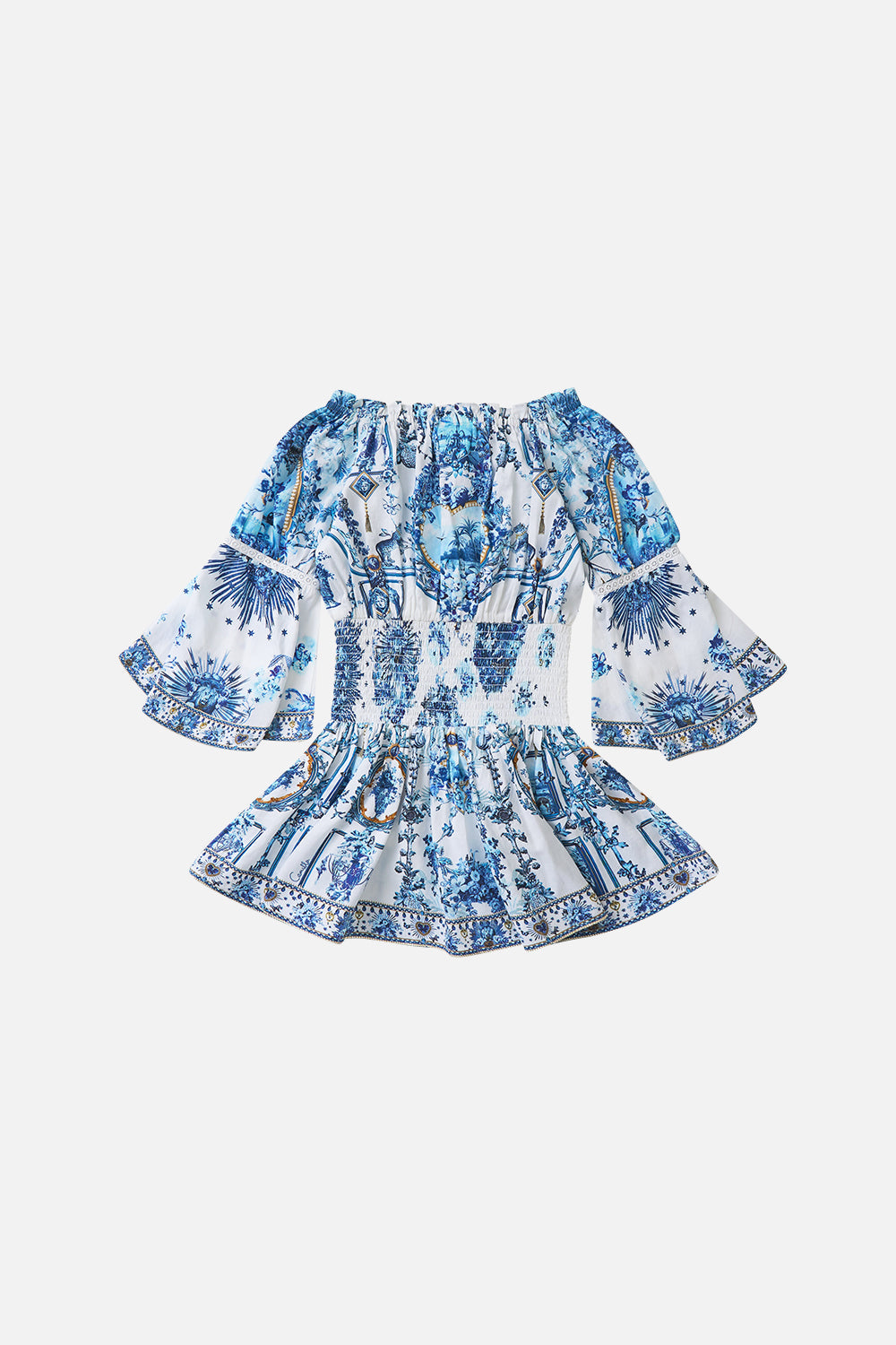 The CAMILLA KIDS OFF SHOULDER SHIRRED WAIST MINI DRESS THE PORCELAIN PARLOUR