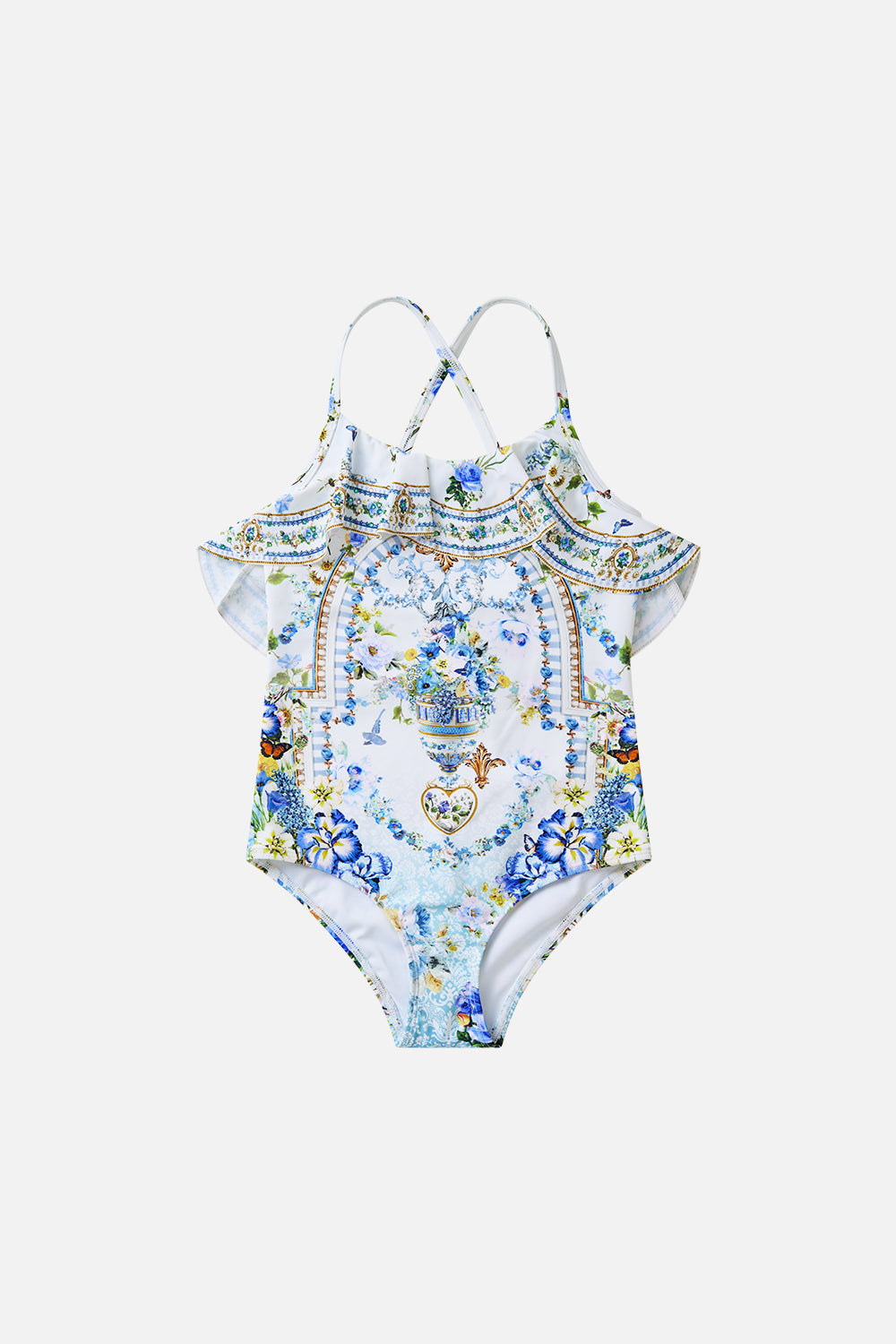 The CAMILLA KIDS ROUND NECK ONE PIECE W FRILL NECK DANDELION SKIESDANDELION SKIES