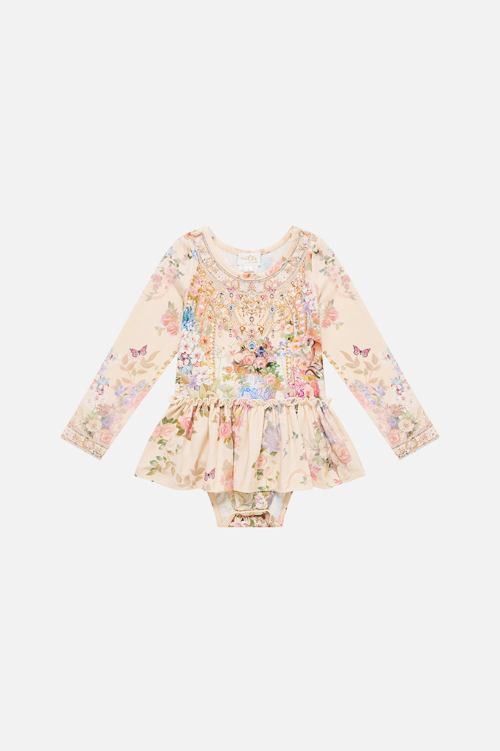 The CAMILLA Babies Long Sleeve Bodysuit W/ Jersey Skirt Midsummer Masterpiece in our Midsummer Masterpiece print.