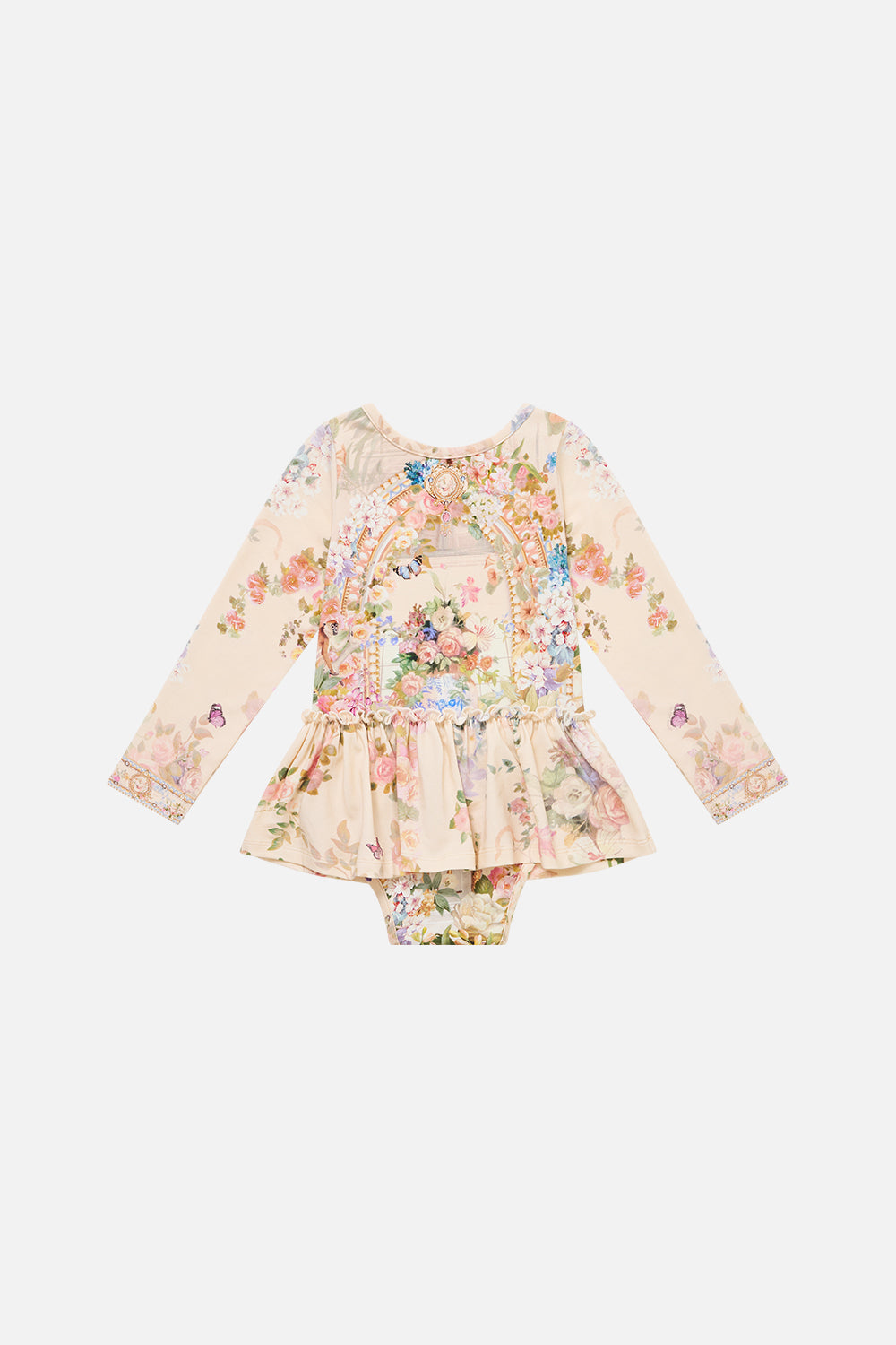 The CAMILLA Babies Long Sleeve Bodysuit W/ Jersey Skirt Midsummer Masterpiece in our Midsummer Masterpiece print.