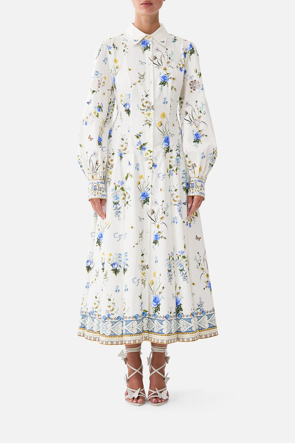 The CAMILLA Button Front Midi Shirt Dress Dandelion Skies in our Dandelion Skies print.