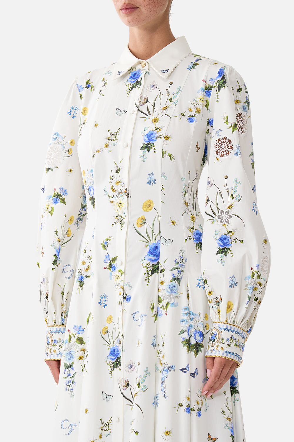 The CAMILLA Button Front Midi Shirt Dress Dandelion Skies in our Dandelion Skies print.