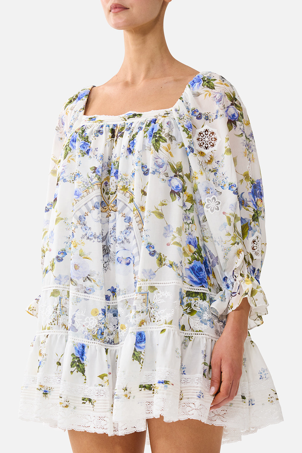 The CAMILLA SQUARE NECK SHORT DRESS WITH PINTUCKS DANDELION SKIES
