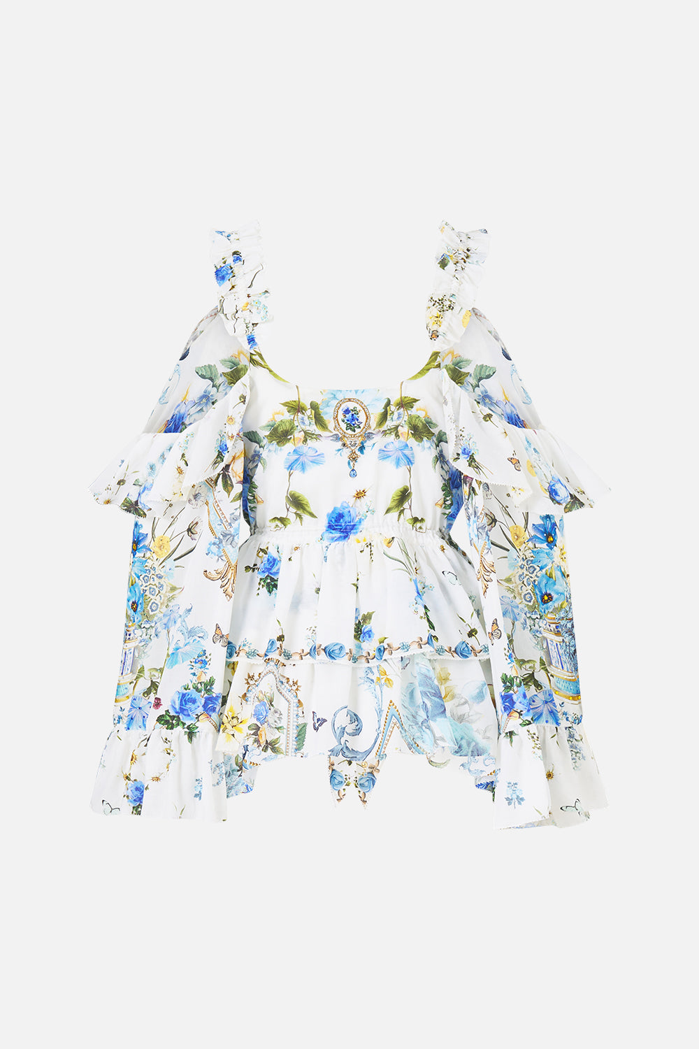 The CAMILLA COLD SHOULDER RUFFLE TOP DANDELION SKIES