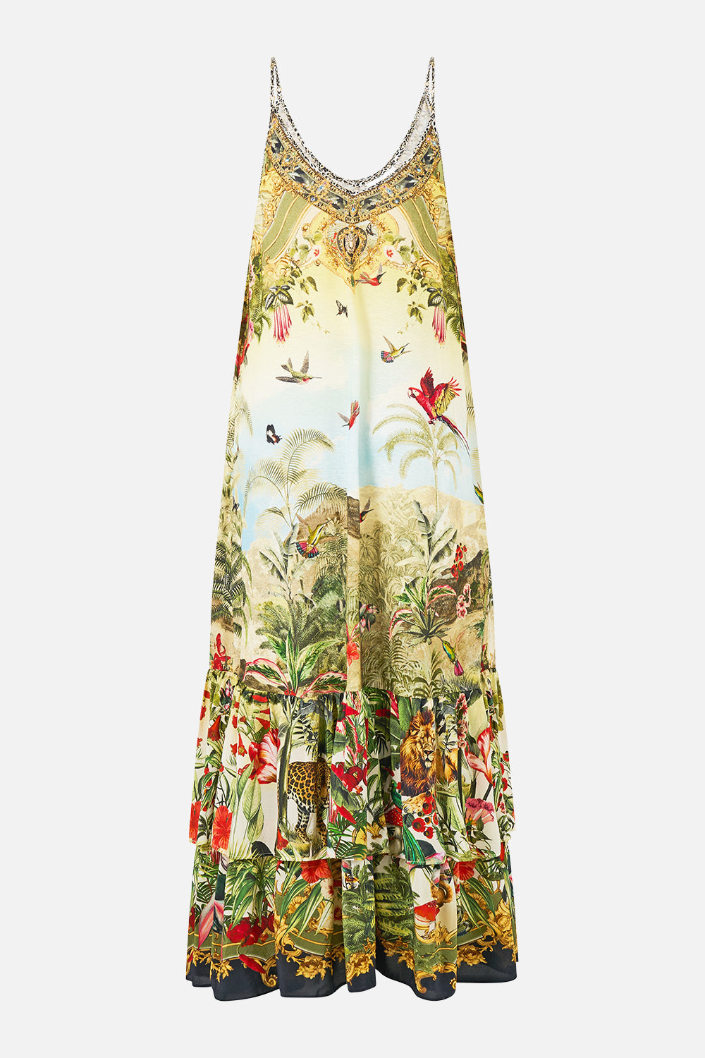 The CAMILLA Strappy Maxi Dress with Tiers in our Wanderlust Empire print, back view.