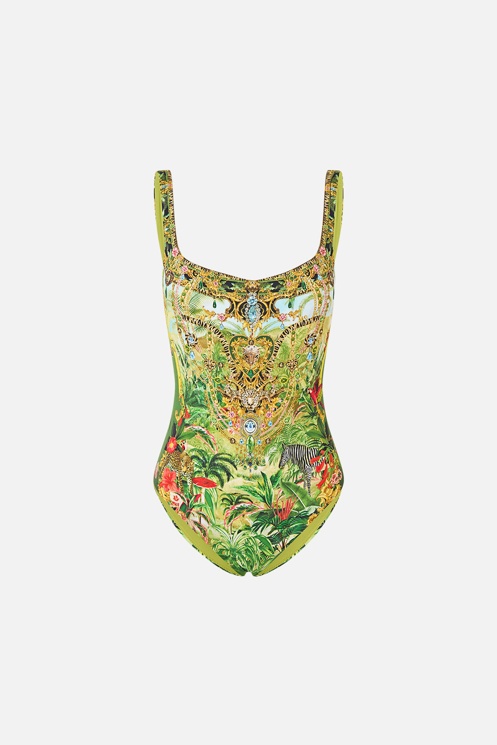 The CAMILLA Underwire Square Neck One Piece with Scoop Back in our Wanderlust Empire print, front view.