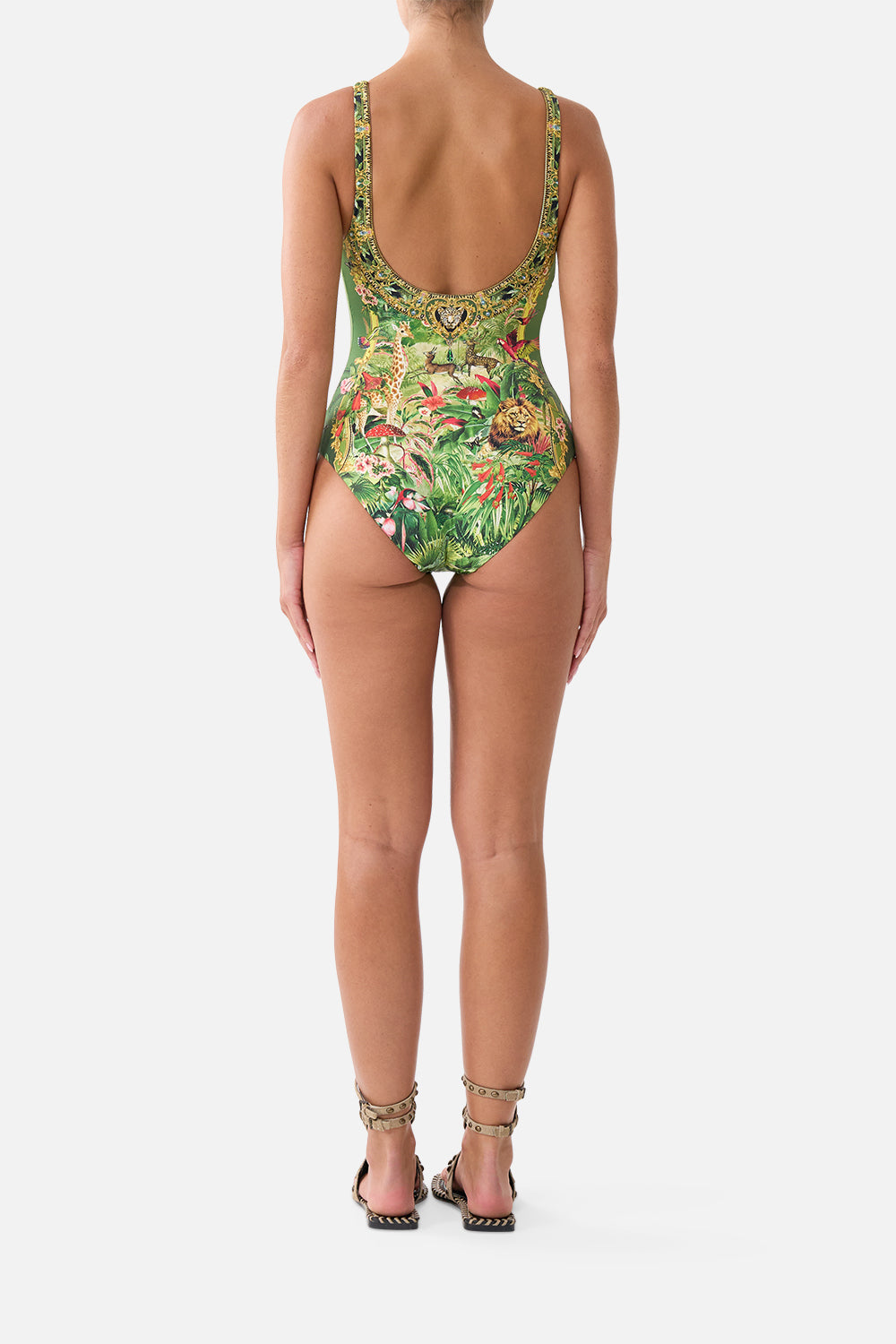 The CAMILLA Underwire Square Neck One Piece with Scoop Back in our Wanderlust Empire print, back view on model.