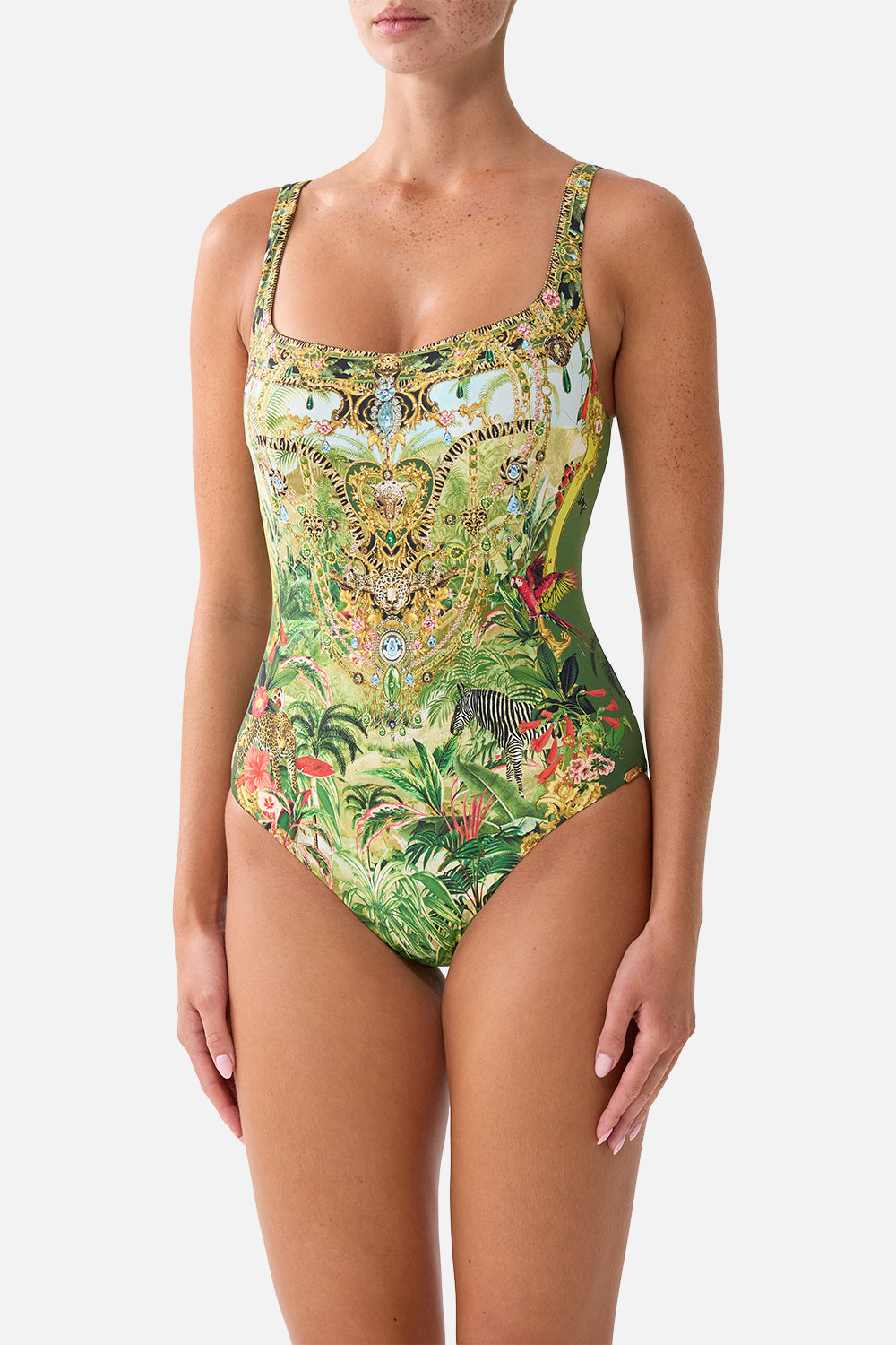 The CAMILLA Underwire Square Neck One Piece with Scoop Back in our Wanderlust Empire print, detail view on model.