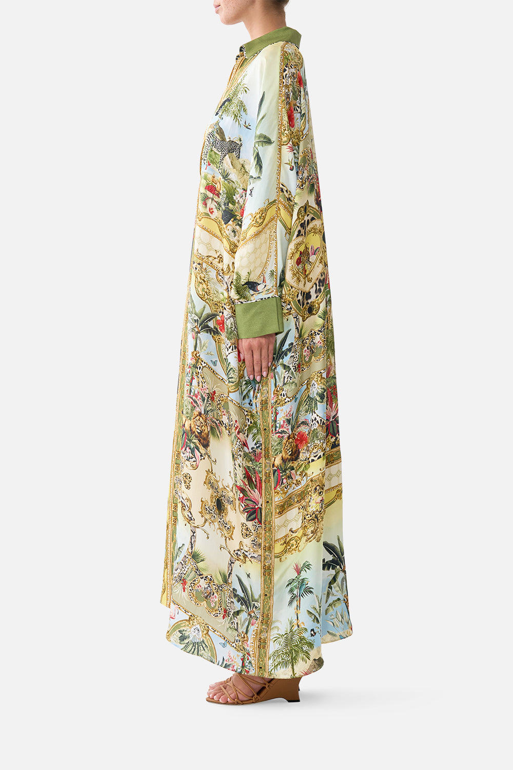 The CAMILLA Wing Collar Kaftan in our Wanderlust Empire print, side view on model.