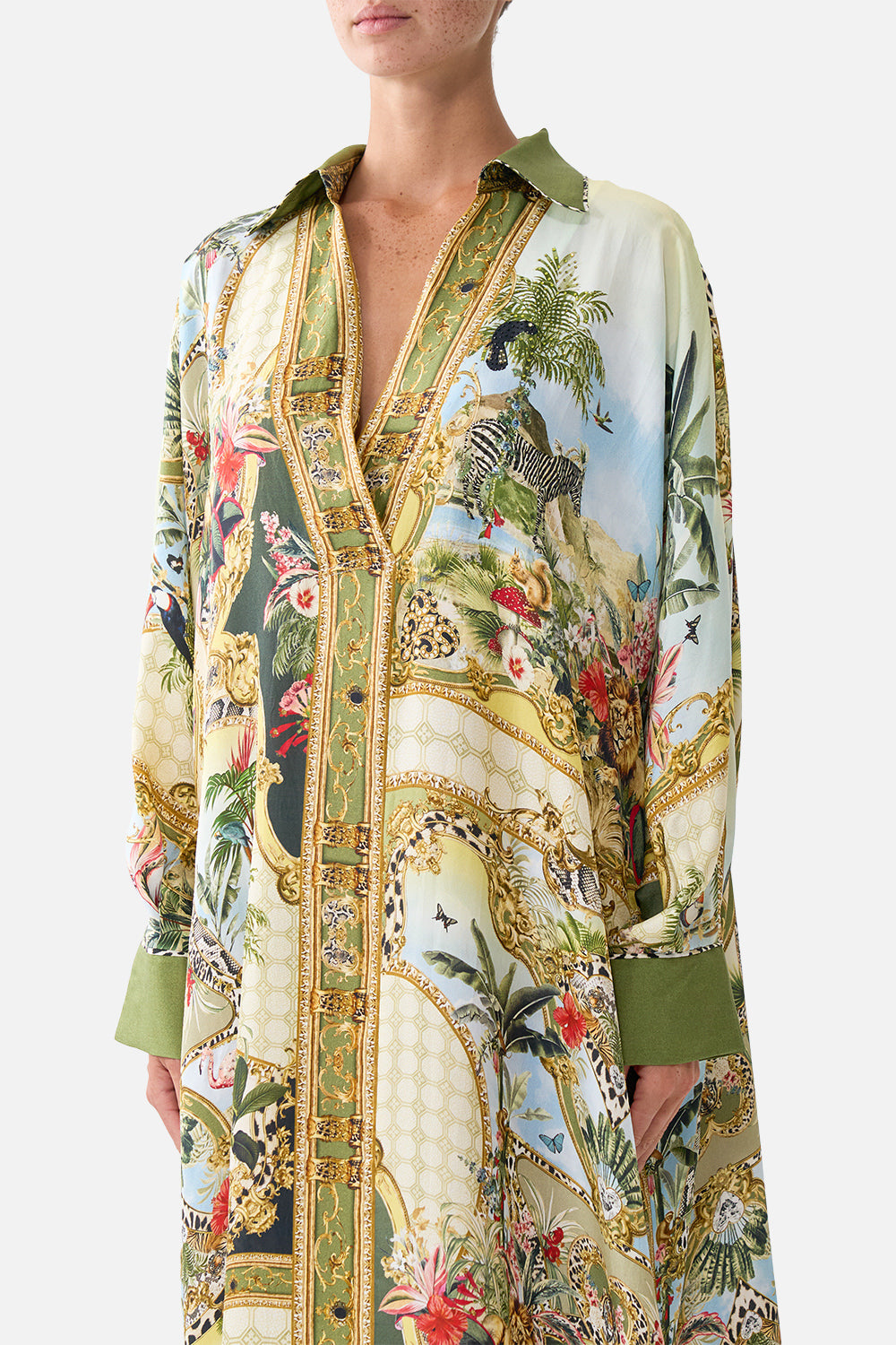 The CAMILLA Wing Collar Kaftan in our Wanderlust Empire print, detail view on model.
