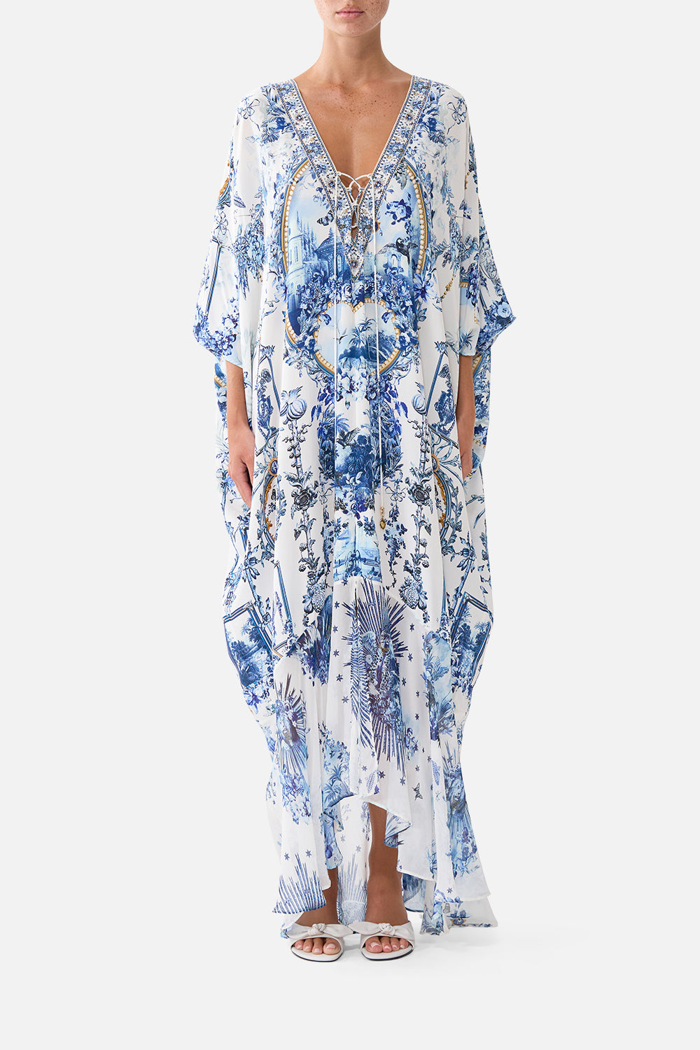 The CAMILLA LACE UP KAFTAN WITH HEM RUFFLE THE PORCELAIN PARLOURTHE PORCELAIN PARLOUR