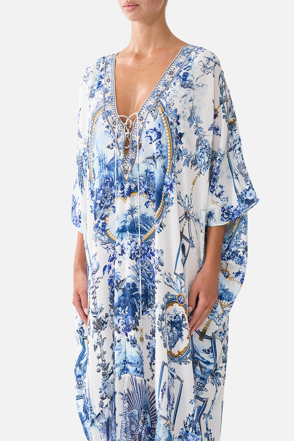 The CAMILLA LACE UP KAFTAN WITH HEM RUFFLE THE PORCELAIN PARLOUR
