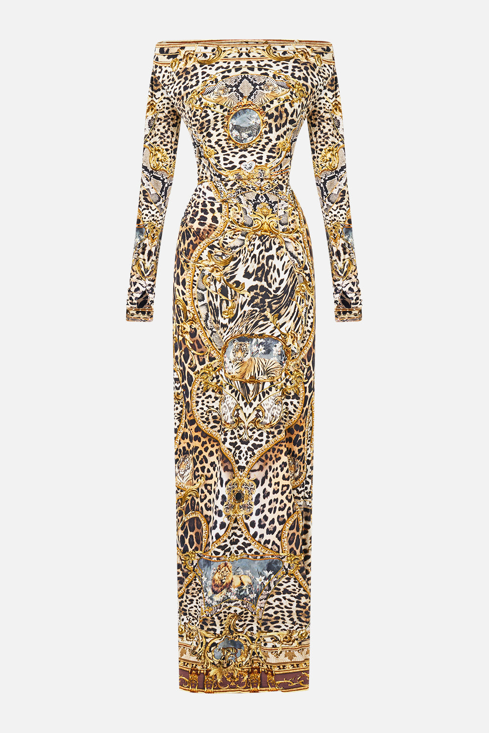 The CAMILLA OFF SHOULDER GATHERED JERSEY DRESS LEOPARD LIBERTINE