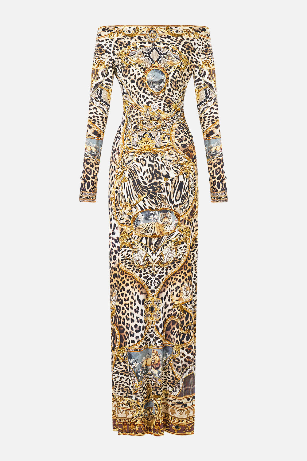 The CAMILLA Off Shoulder Gathered Jersey Dress Leopard Libertine in our Leopard Libertine print.